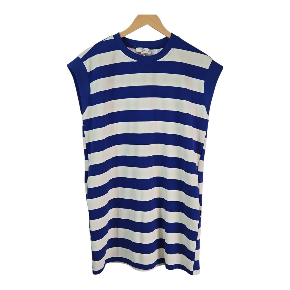 Entro Charley Blue Ivory Striped Capped Sleeve Mini Dress Size S Pockets Casual‎ - Picture 2 of 6